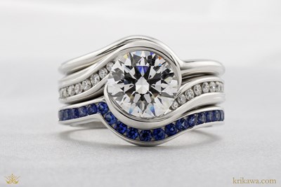 Carved Wave Bezel-Set Engagement Ring with Diamonds Bridal Set in Platinum