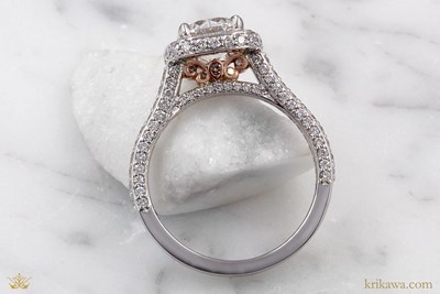 Pave Halo Cathedral Engagement Ring in platinum and 14k rose gold with diamond