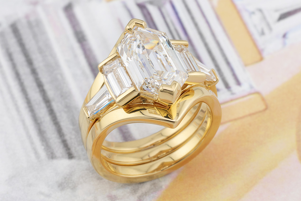 Dutch Marquise Three Stone Bridal Wedding Set in 18k Yellow Gold