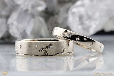 Cosmic Inspired Wedding Band in 14k white gold with telescope