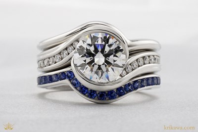 Curved Wedding Band and Curved Channel Wedding Band Set in platinum with lab-grown sapphires