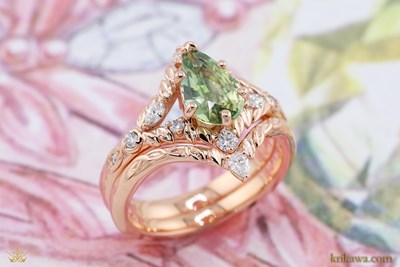 Curved Vine and Leaf Wedding Band in 14k rose gold with a natural diamond