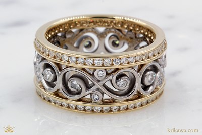 Double Diamond Ornate Infinity Wedding Band in 14k yellow gold and palladium