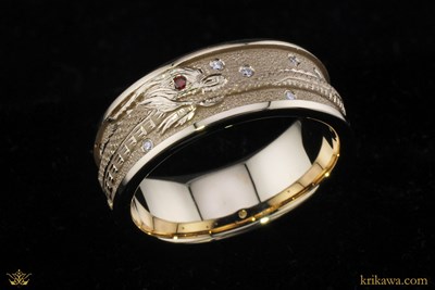 Dragon Ouroboros Wedding Band in 14k yellow gold with natural and lab diamonds
