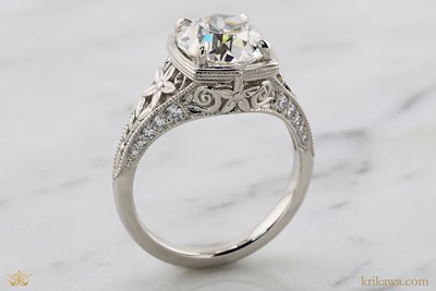 Edwardian Orange Blossom Engagement Ring in Platinum with Old Euro-Cut Lab-grown Diamond