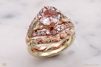 Elvin Rose Fantasy Bridal Set in 14k rose gold and 10k green gold with peach sapphire