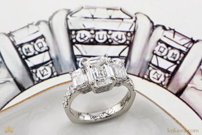 Emerald Cut Three Stone Engagement Ring in platinum with lab-grown diamonds