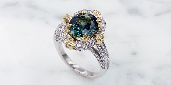 Teal and Green Sapphire Center Stone in Engagement Ring
