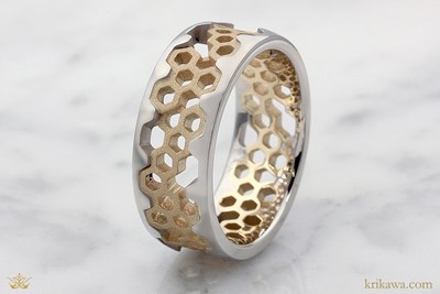 Hex Wedding Band in 14k yellow gold with 14k pd white gold rails
