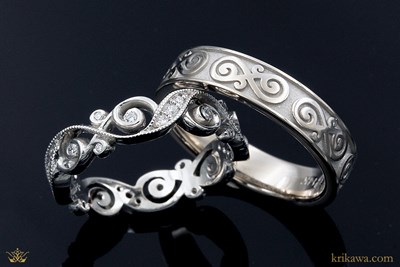 Infinity Diamond Leaf and Contemporary Infinity Wedding Band Set in 14k pd white gold
