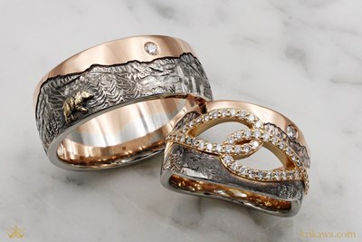 Bear Two Tone Mountain Wedding Band in 14k rose gold, platinum and 14k yellow gold