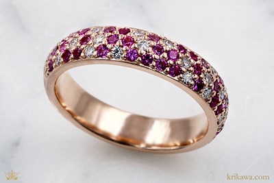 Milky Wave Pave Wedding Band in 14k rose gold with diamonds and sapphires