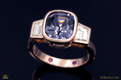 Modern Three Stone Bezel Engagement Ring in 14k Rose Gold with Purple Spinel