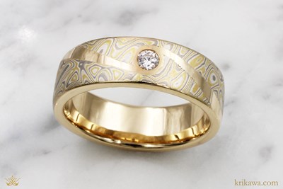 Mokume Flush Swirl Wedding Band in Summer Mokume with 18k Yellow Gold liner