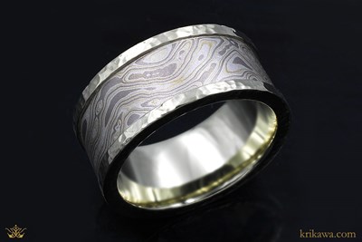 Winter Mokume Wedding Band with Hammered Rails in 10k green gold