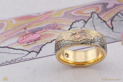 Mokume Mountain Wedding Band with Autumn mokume and 14k yellow gold liner and 14k rose gold helicopter