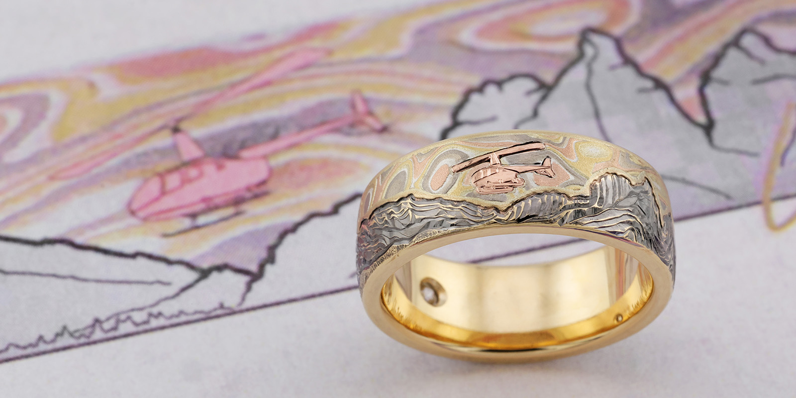 Helicopter in Mokume Mountain Wedding Band