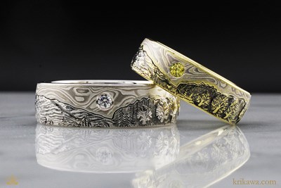 Mokume Mountain Wedding Band Set in White Mokume and Winter Mokume