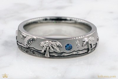 Ocean Tropical Wedding Band in platinum with color enhanced blue diamond