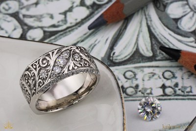 Ornate Diamond Accented Vintage Wedding Band in platinum with natural diamonds