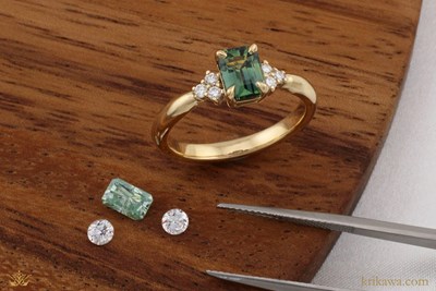Petite Trinity Cluster Engagement Ring in 14k Yellow Gold with Green Sapphire