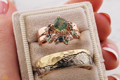 Scattered Organic Wedding Band in 14k rose gold with mixed gemstones