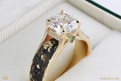 Phoenix Rising Lava Engagement Ring in 18k yellow gold and sterling with Octavia-cut lab-grown diamond