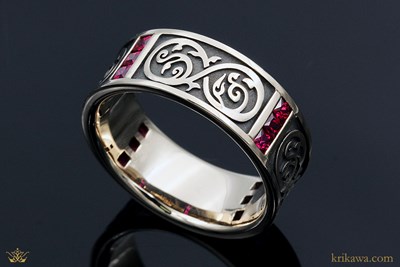 Renaissance Infinity Wedding Band in 18k pd white gold with ruby accents