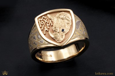 Rhino Mokume Signet Ring in 14k yellow gold and summer mokume