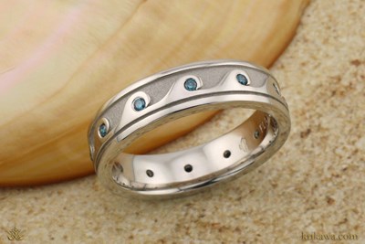 Rolling Wave Eternity Wedding Band in platinum with color enhanced blue diamonds