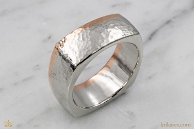 Square Striped Hammered Wedding Band in platinum and 14k rose gold