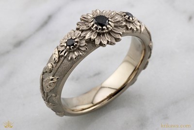 Sunflower and Leaves Engagement Ring