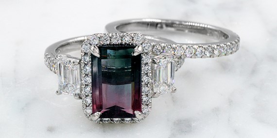 Watermelon Tourmaline Engagement Ring Set
