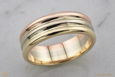Three Tone Wedding Band in 14k rose gold, 14k pd white gold and 14k yellow gold