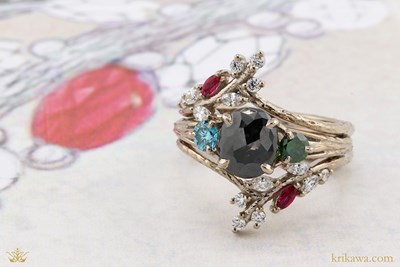 Tree Branch Diamond Enhancer in 14k pd white gold with mixed natural diamonds and ruby