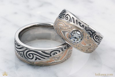 Tribal Mokume Swirl Wedding Band with Champagne mokume and platinum liner