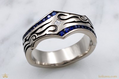 Tribal Wedding Band in 18k white gold with diamond and sapphires