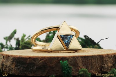 Triforce Triangle Engagement Ring in 14k yellow gold with lab-grown sapphire