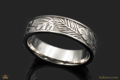 Tropical Leaf Wedding Band in 18k pd white gold