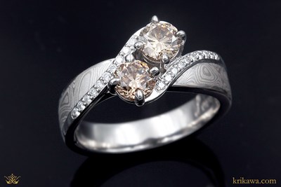 Two Stone Mokume Engagement Ring in 14k pd white gold with white mokume and champagne diamonds