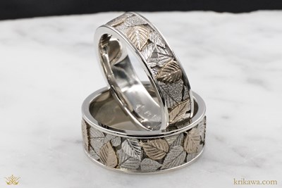 Two Tone Birch Leaf Wedding Bands in platinum and 14k pd white gold