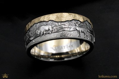 Two Tone Mountain Wedding Band in 14k yellow gold and platinum
