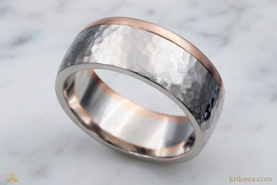 Two Tone Side Stripe Wedding Band in platinum and 14k rose gold