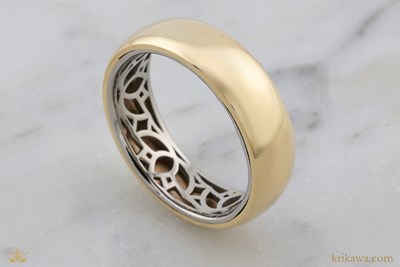 Two Tone Lotus Under Gallery Wedding Band in 14k yellow gold and stainless steel