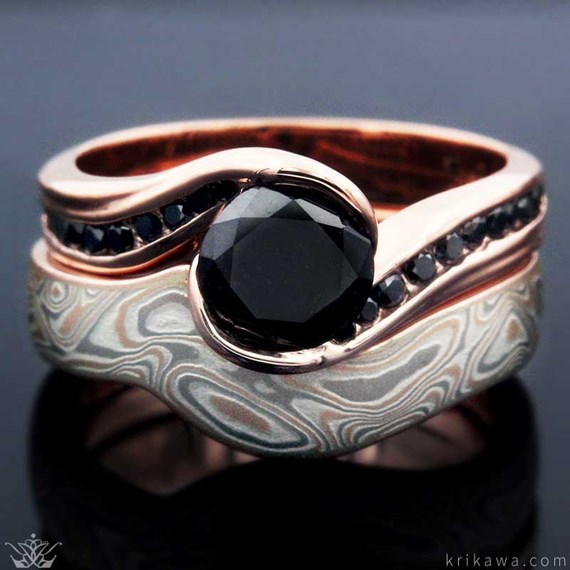 Black Diamond Center Stone in Mokume Bridal Set