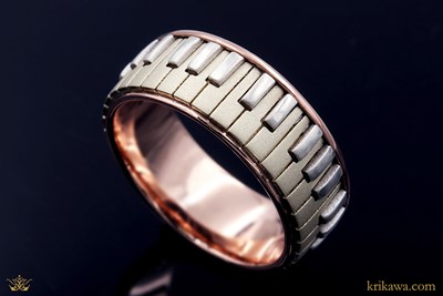 Unique Musical Piano Wedding Band in 14k rose gold and 10k green gold