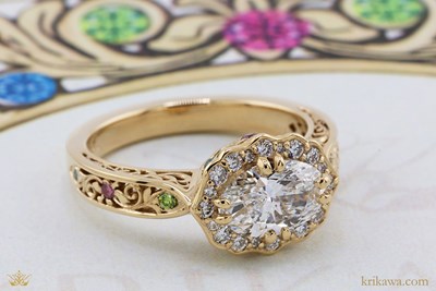 Vintage Floral Halo Engagement Ring in 14k Yellow Gold with Lab-grown Diamonds
