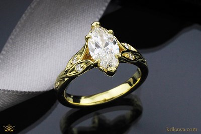 Vintage Leaf Hand-Engraved Engagement Ring in 18k yellow gold with marquise diamond