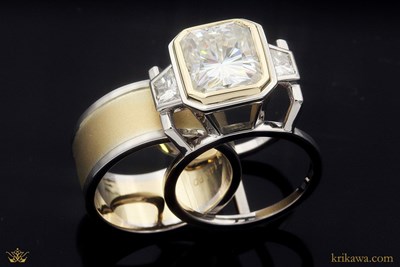 Wide Two Tone Wedding Band in 14k yellow gold and platinum