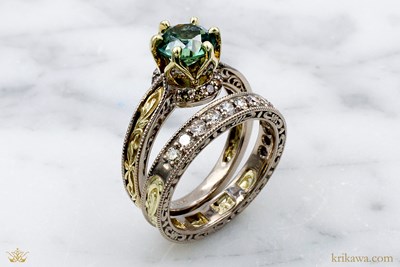 Wide Two Tone Vintage Wedding Band in 18k pd white gold and 14k yellow gold with natural diamonds